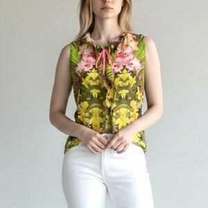 Elie Tahari Floral Silk Cotton Ruffle Tie Neck Blouse Small Sleeveless